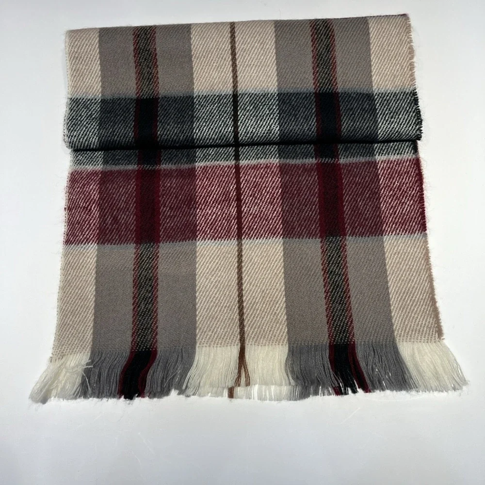 Pierre Cardin Plaid Scarf Red Grey Beige Orlon Acrylic Fringe Trim Vintage Style
